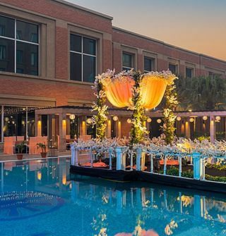 A lavish decoration of  wedding celebration on a pool at Nirvana Luxury Hotel, Ludhiana.