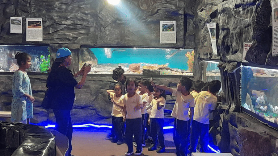 Students on a field trip at EsselWorld Fish Paradise stand in a wide-view aquarium room, looking at several large fish tanks lining the walls.