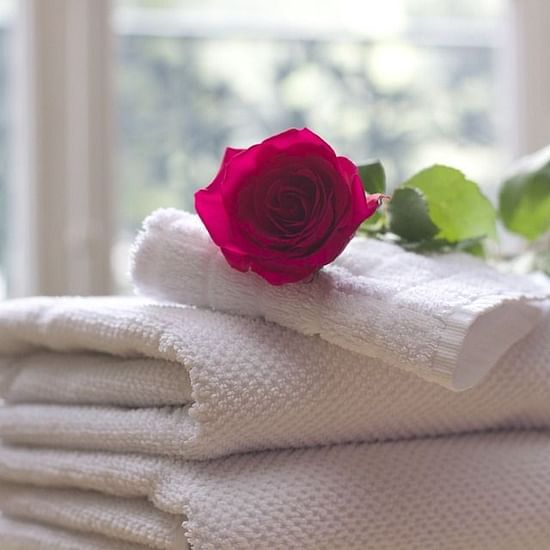 a rose kept on top of folded towels