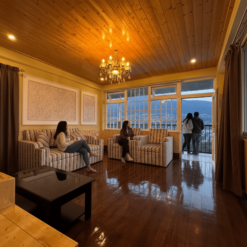 A couple sitting on a hotel room balcony at night, enjoying a peaceful and romantic view of the lit-up Kurseong city and the Giddha Pahar mountains.