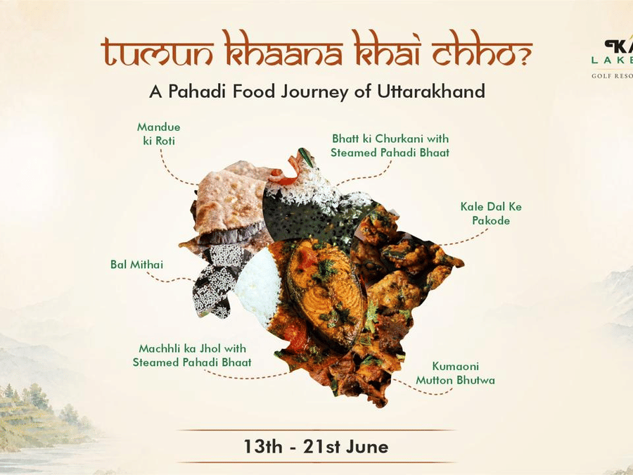 A promotional poster 'Tumun Khaana Khai Chho?' featuring traditional Uttarakhand cuisine and regional delicacies at Karma Lakelands.