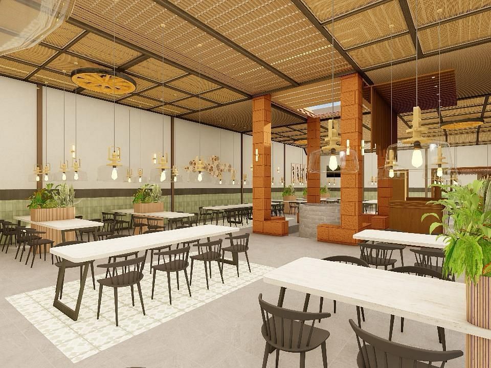 Interior view of a dining area with tables and chairs under a high ceiling | Ayana Resorts & Convention, Hyderabad