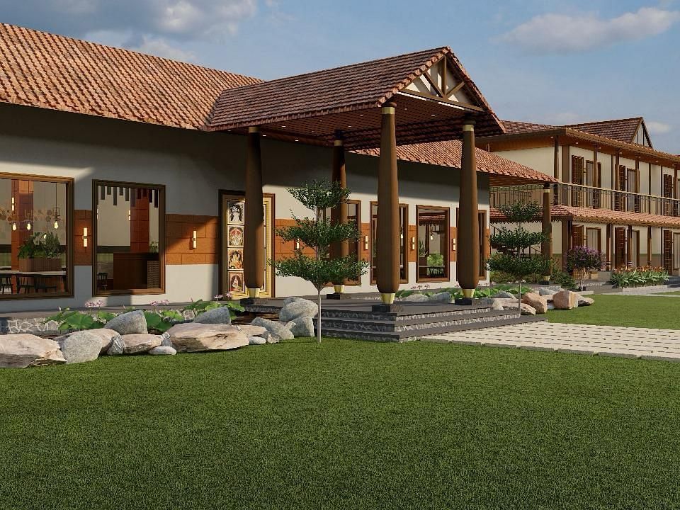 Exterior front view of a resort building with a lawn | Ayana Resorts & Convention, Hyderabad