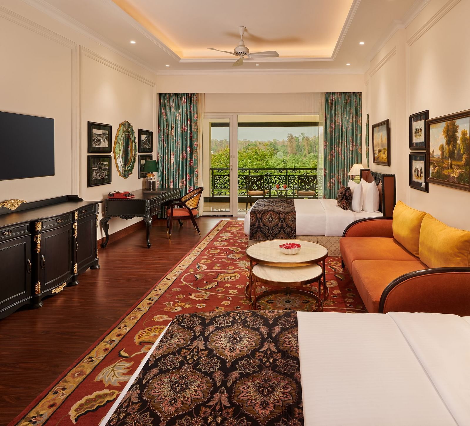 Modern bedroom with stylish furniture and access to a private garden.