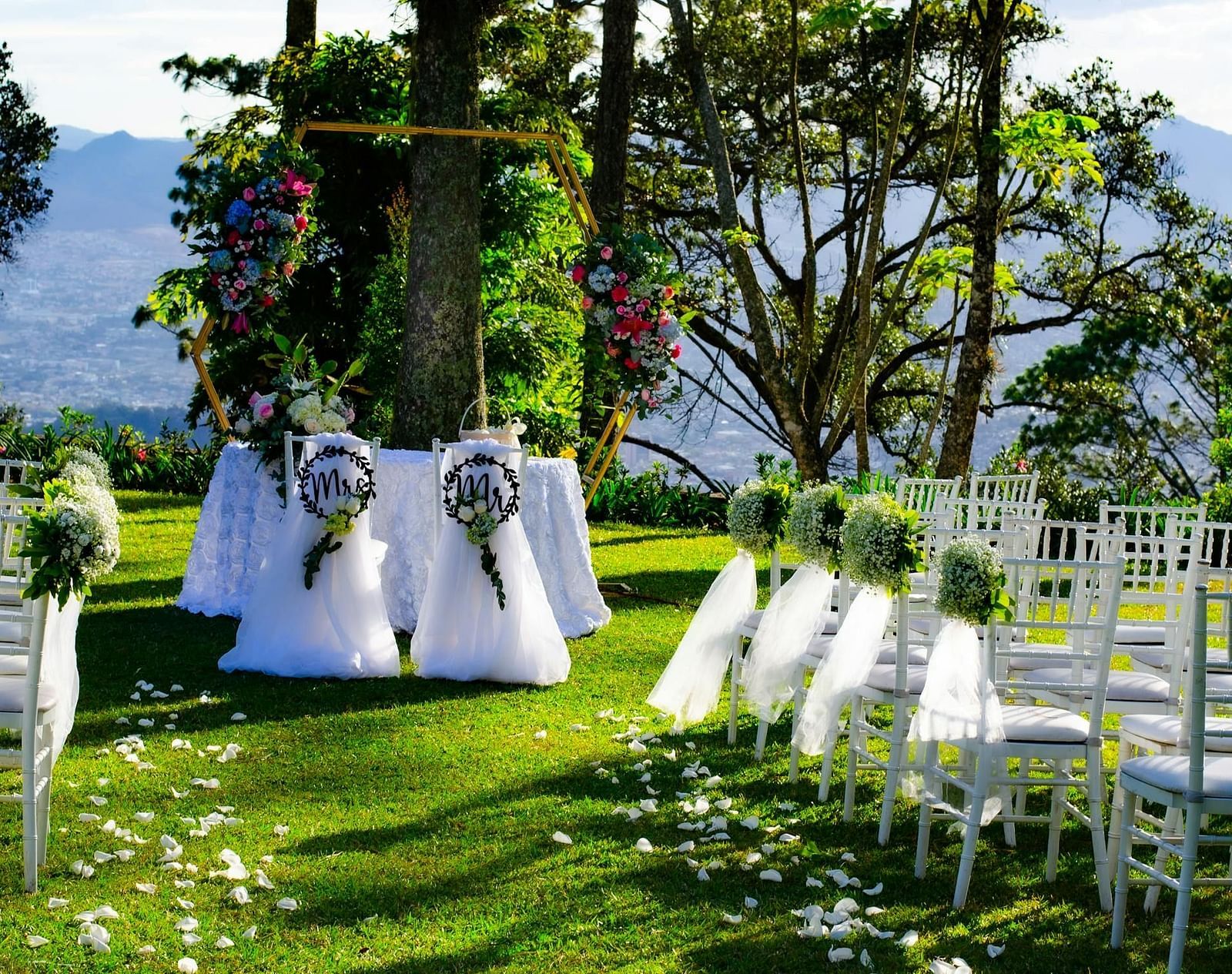 A wedding setup on a green lawn with chairs facing a decorated archway under trees, suggesting an outdoor ceremony.