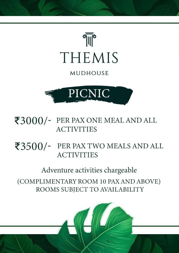 A flyer for Themis Mudhouse - A Nature's Retreat Resort & Wellness picnic, listing prices for one and two meals per person and information on activities