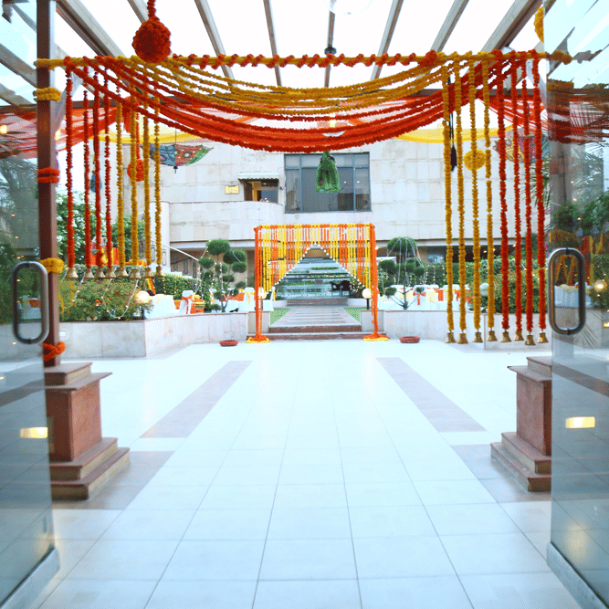 An outdoor space with decorated pillars at The Bristol Hotel