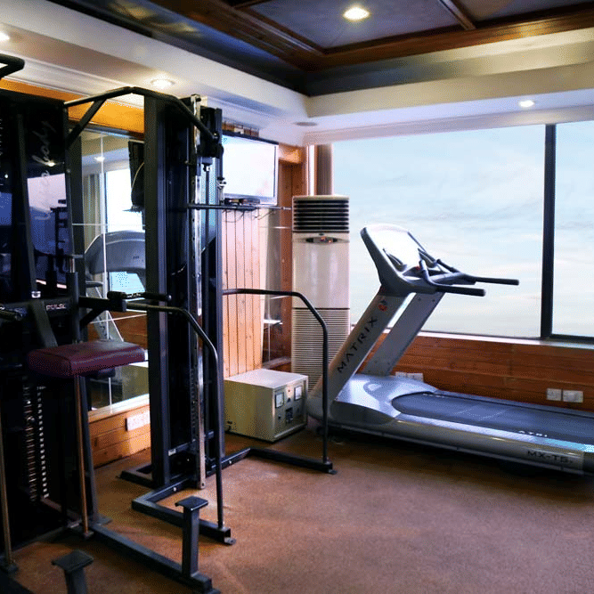 Gym at The Bristol Hotel, Gurgaon with a multi-station weight machine, mirrored walls, a treadmill, wood-panelled walls, and large windows.