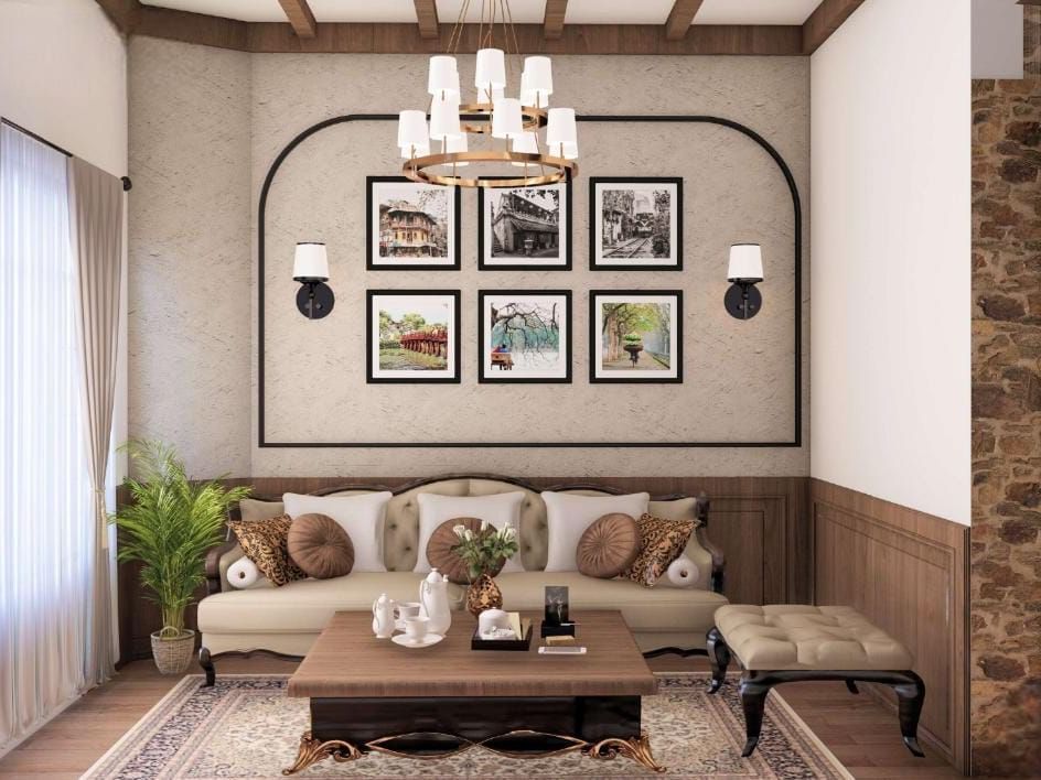 Living area with exposed wooden beams, a picture gallery wall, and a stone accent column at BluSalzz Terrah Hills Resort, Dalhousie.