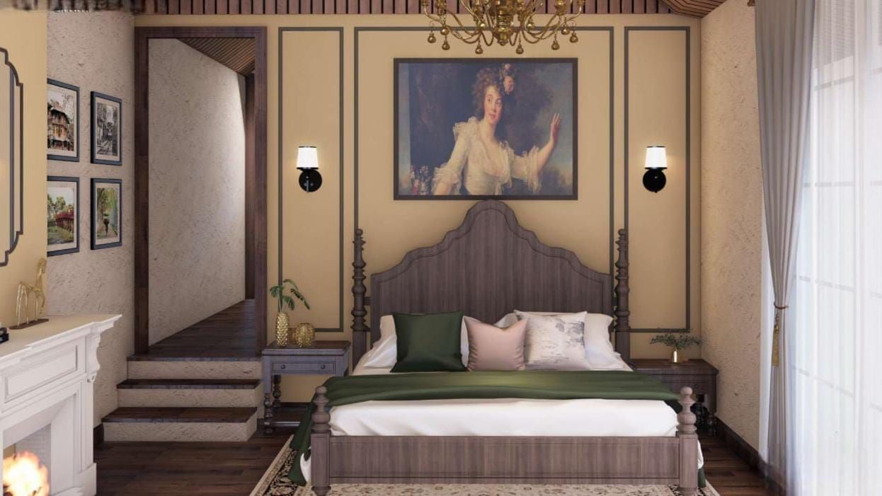 Opulent bedroom with a velvet upholstered headboard, classic picture frame mouldings, and a large portrait above the bed at BluSalzz Terrah Hills Resort, Dalhousie.