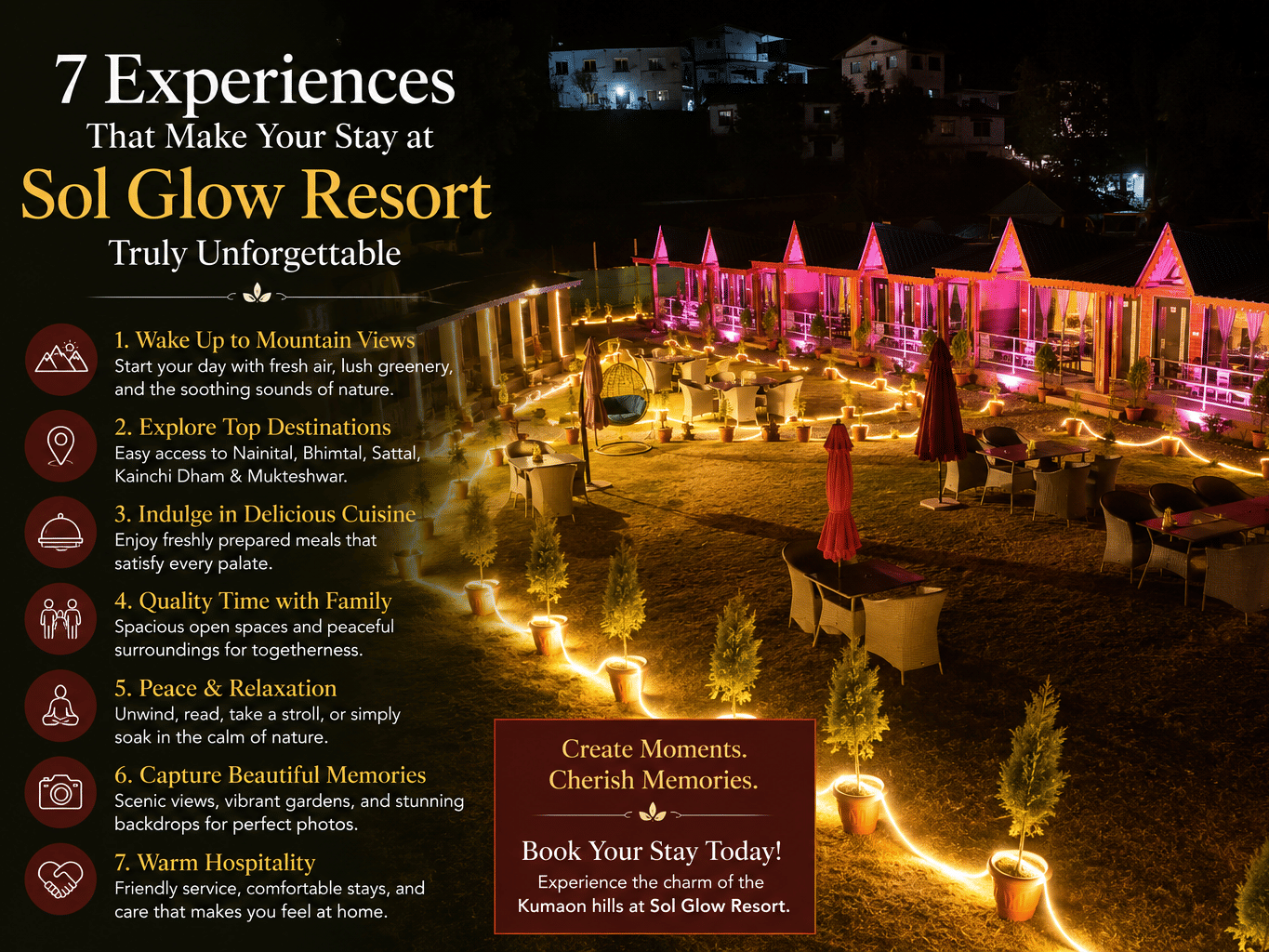 Blog graphic for Sol Glow Resort, Nainital, highlighting seven experiences with stunning illuminated cottages and outdoor seating at night.