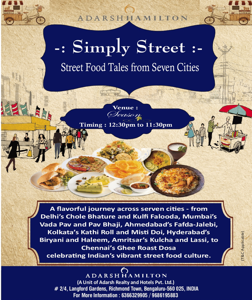 Event poster for Simply Street – Street Food Tales from Seven Cities at Adarsh Hamilton. The poster displays event name, timings, venue, artistic graphics with people, food carts, and food images, plus a short description about street foods from seven Indi