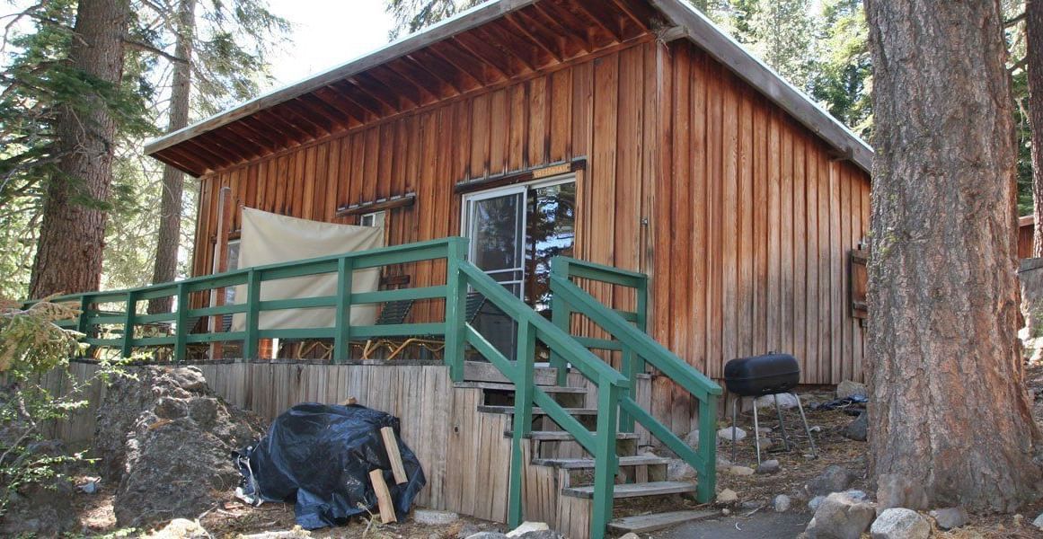 A rustic cabin with wood siding and a slanted roof nestled among tall trees. - Kit Carson Lodge & Restaurant 