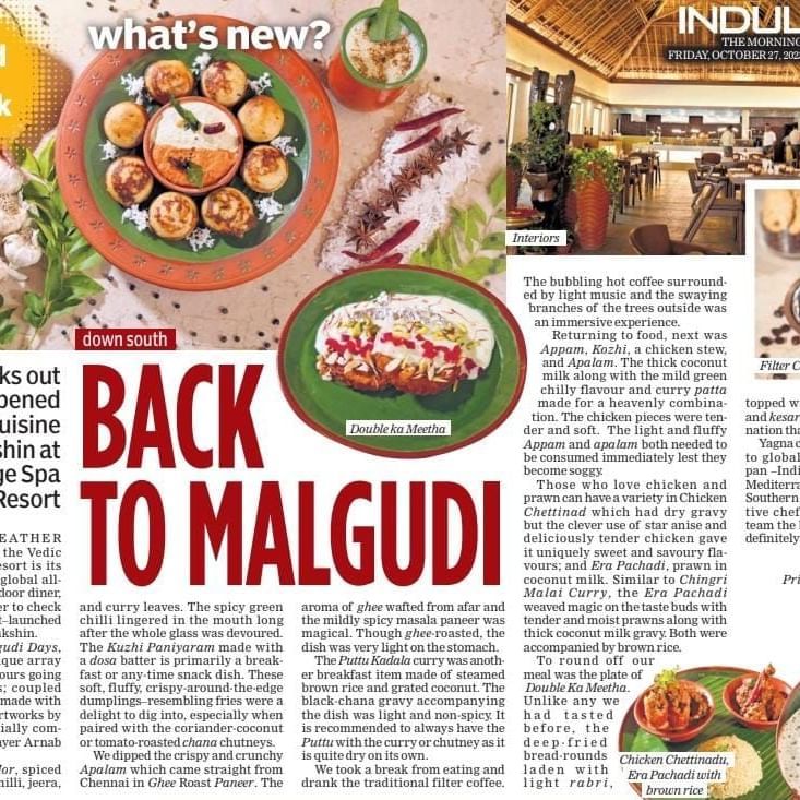 A newspaper clipping featuring Vedic Village Spa Resort with the title, Back to Malgudi.