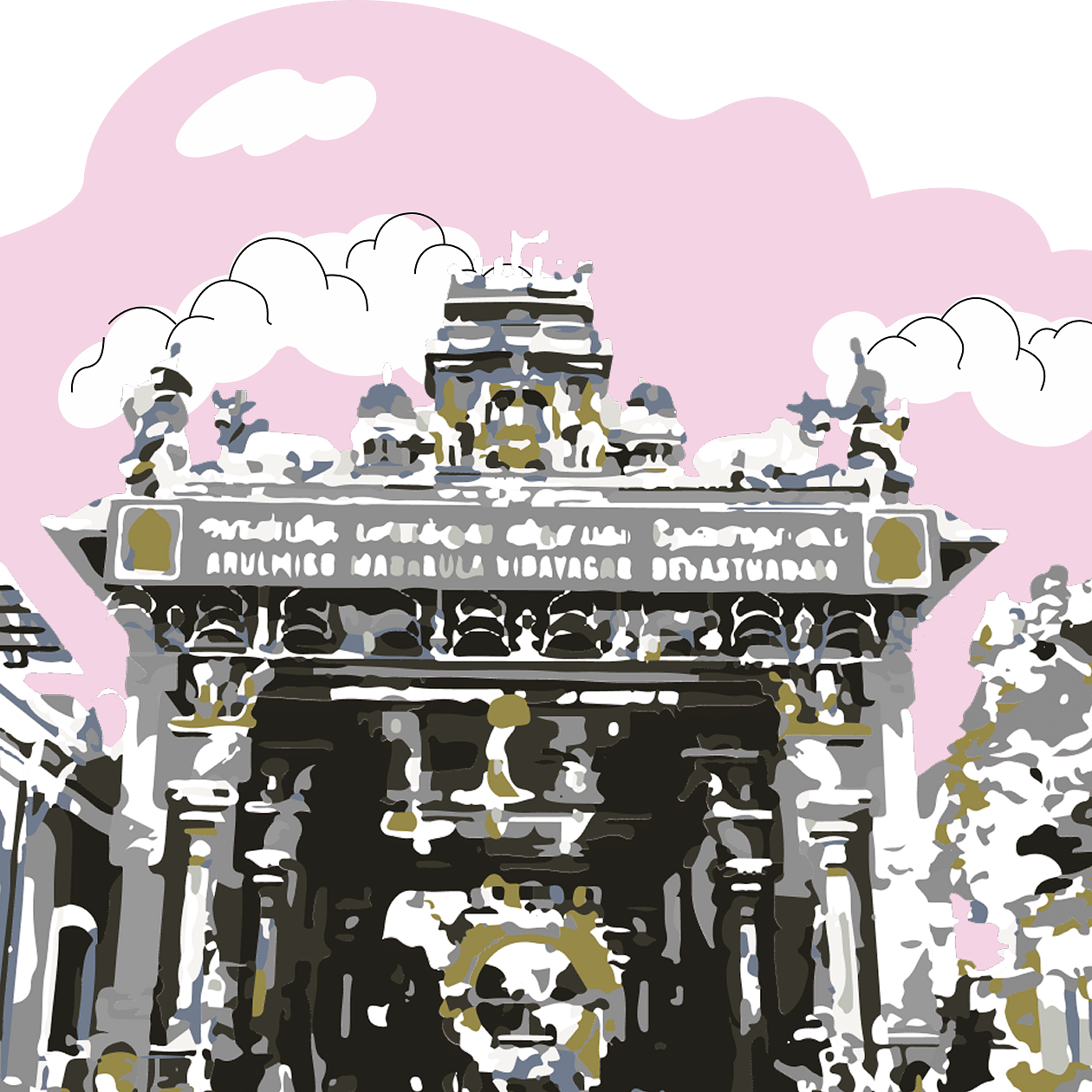 A black and white sketch of an ornate temple entrance with a pink and white sky.