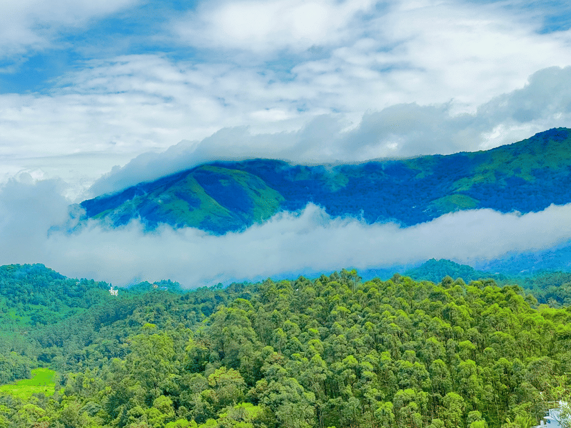 Forested hills with low clouds drifting across the landscape.