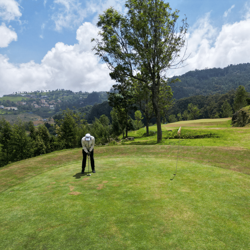 A person stands on a lawn with a golf club. Trees and hills rise in the background under a sky with clouds.