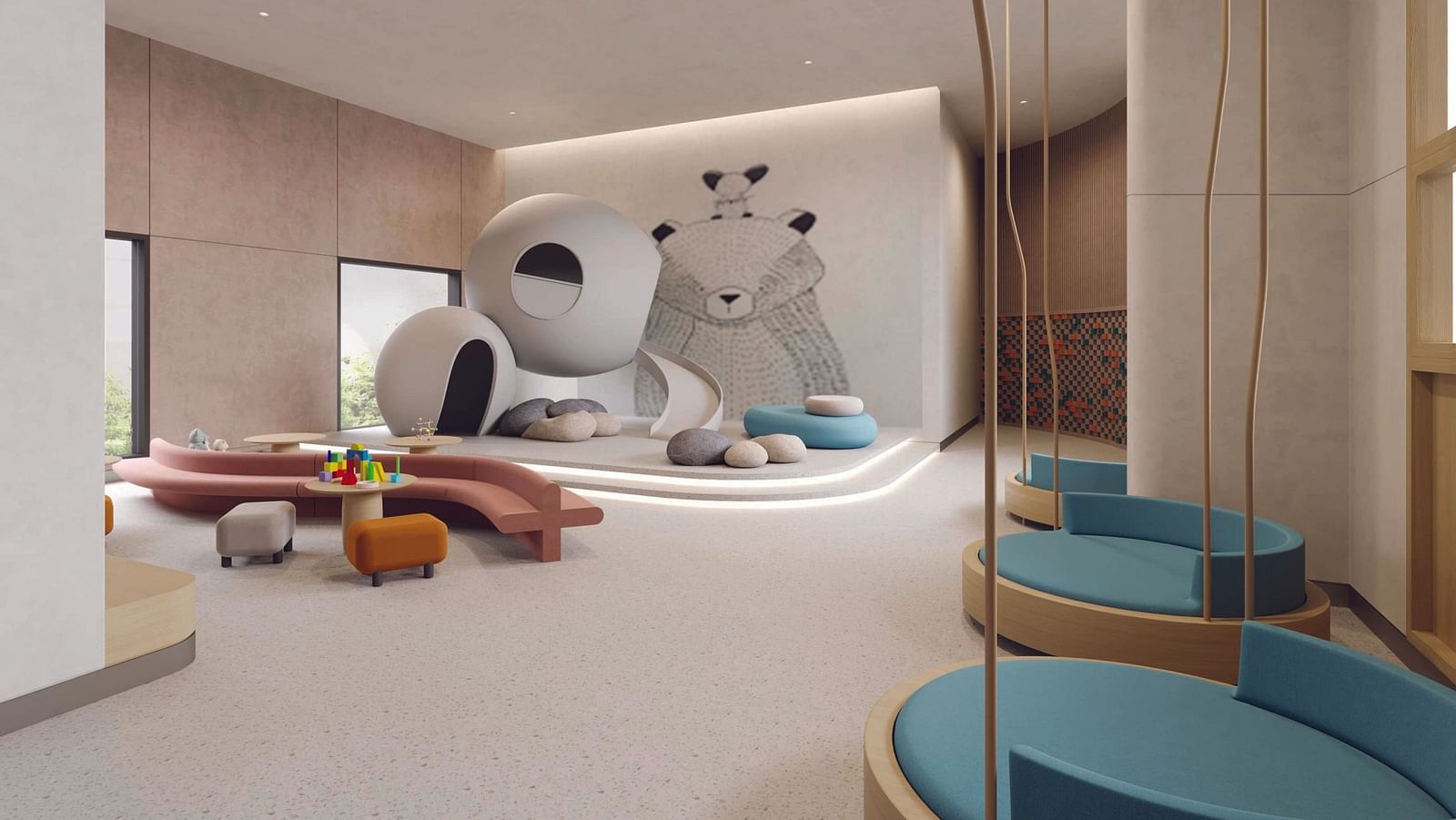 Kids play area with an open space and large windows
