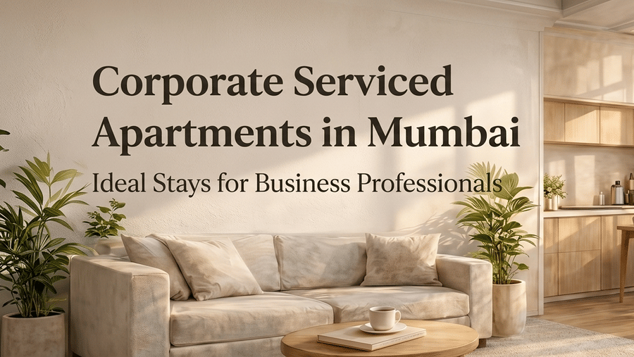 A creative featuring a sunlit apartment with a desk and sofa, and the text 'Corporate Serviced Apartments in Mumbai - Ideal Stays for Business Professionals'.