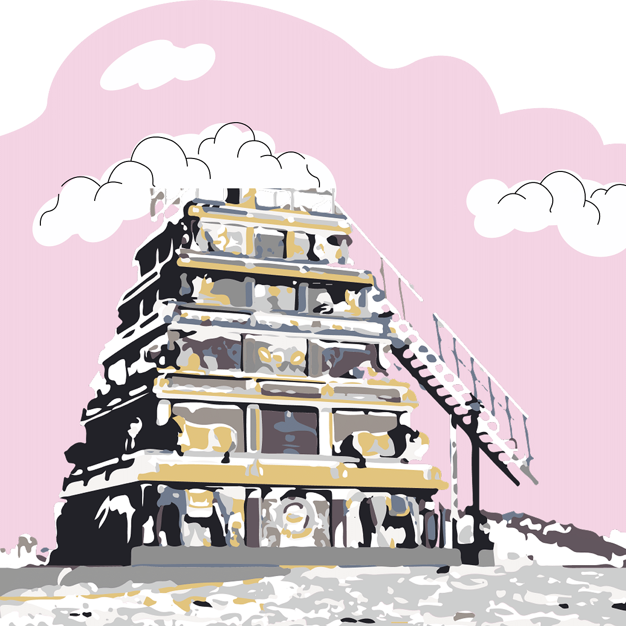 A sketch of a tiered temple gopuram with a staircase under a pink, abstract sky.