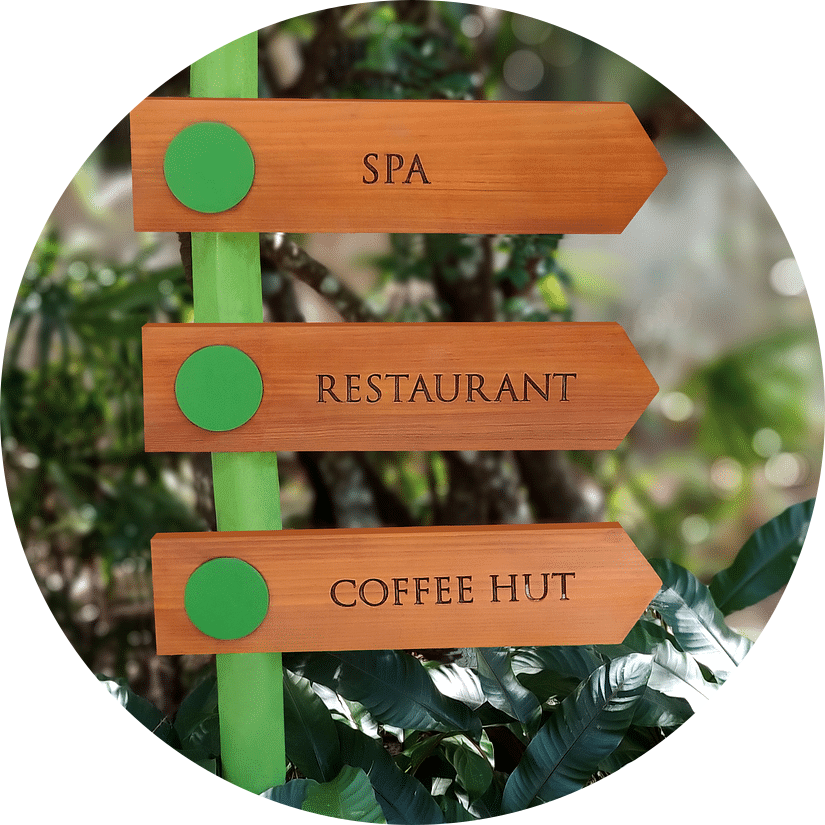 Directional sign for spa, restaurant, and coffee hut-Amanvana Spa Resort, Coorg - Luxury Resort