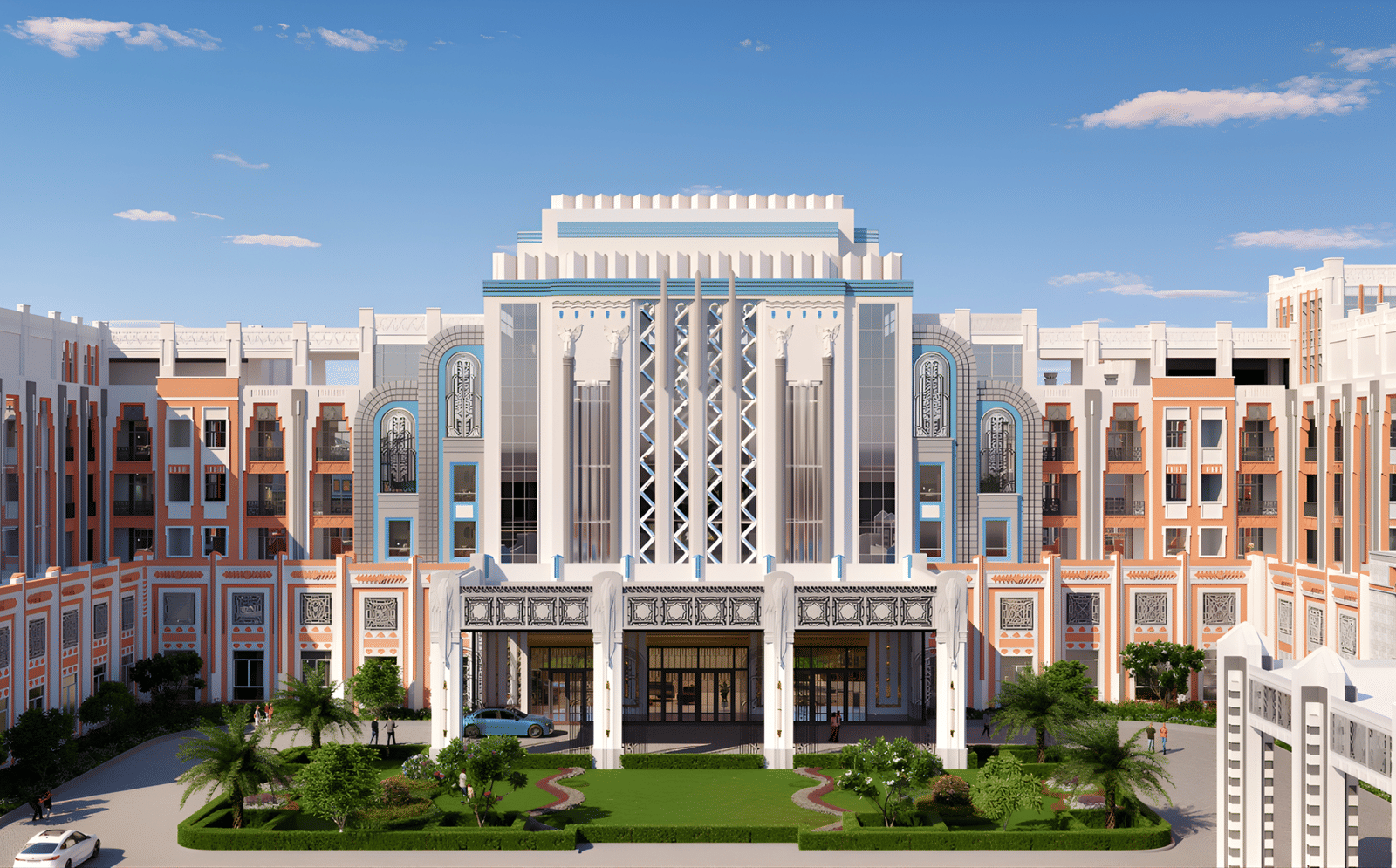 Architectural rendering of the upcoming MAYFAIR Sanctuary Bhubaneswar hotel facade, highlighting the grand entrance and neo-classical design.