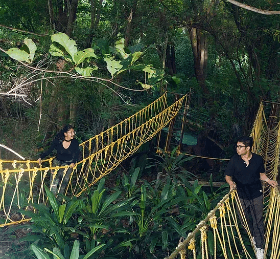 Two people cross rope bridges suspended in a lush forest canopy surrounded by trees and nature.