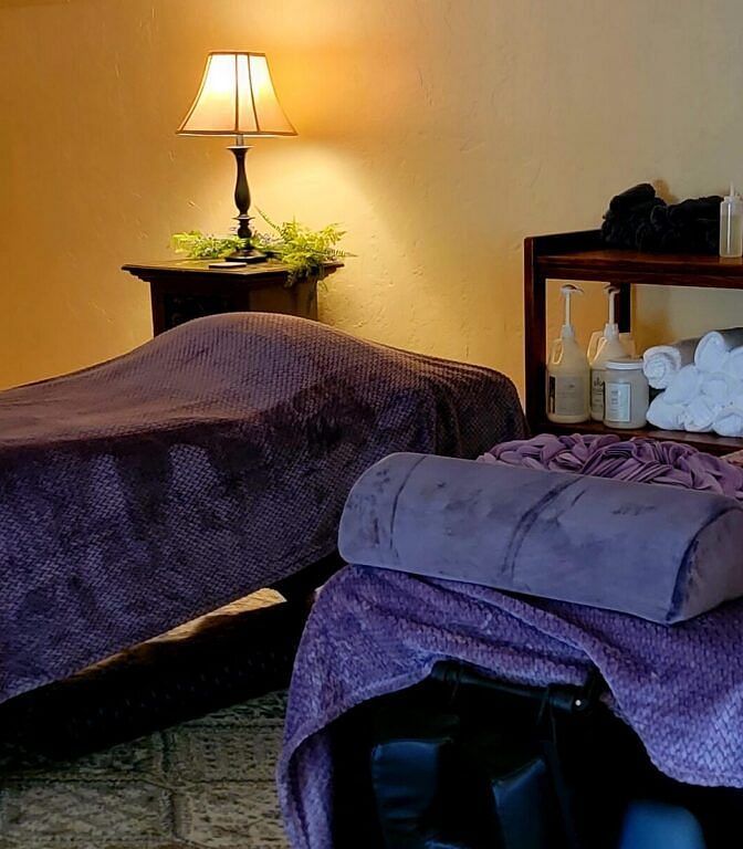 tow spa beds with soft purple coloured sheets spread over them in a room with brightly lit lamp kept over a table in the background - Historic Tapoco Lodge