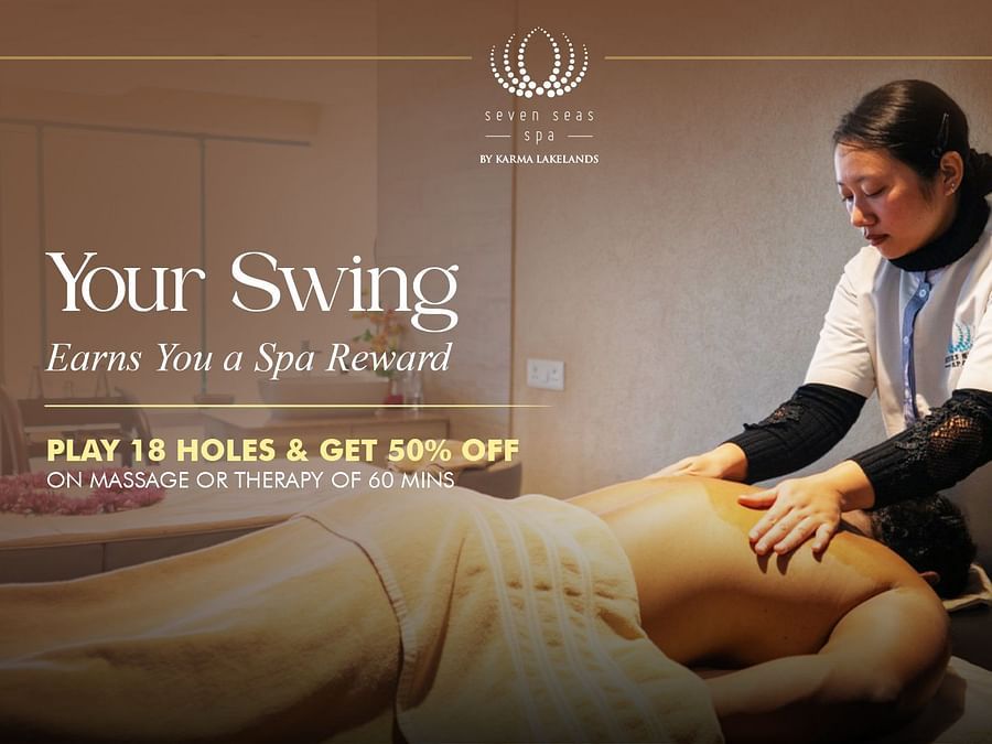  Your Swing Spa Offer. A spa offer banner features a person receiving a back massage. The promotion states: Play 18 holes and get 50 percent off on a 60 minute massage or therapy.