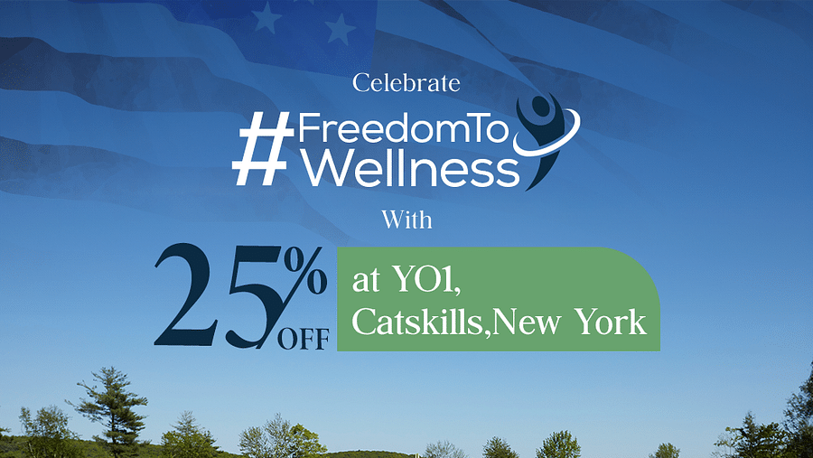 Promotional banner for wellness programs at YO1, Catskills, New York, offering a 25% discount, featuring a group yoga session with a serene outdoor backdrop.