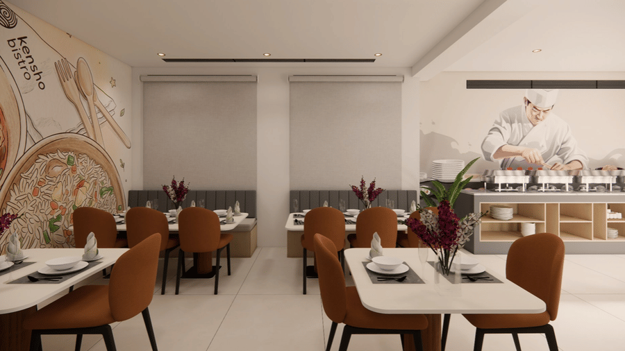 Seating arrangement and buffet station at Kensho Bistro in Hotel Kyzen Shamshabad.