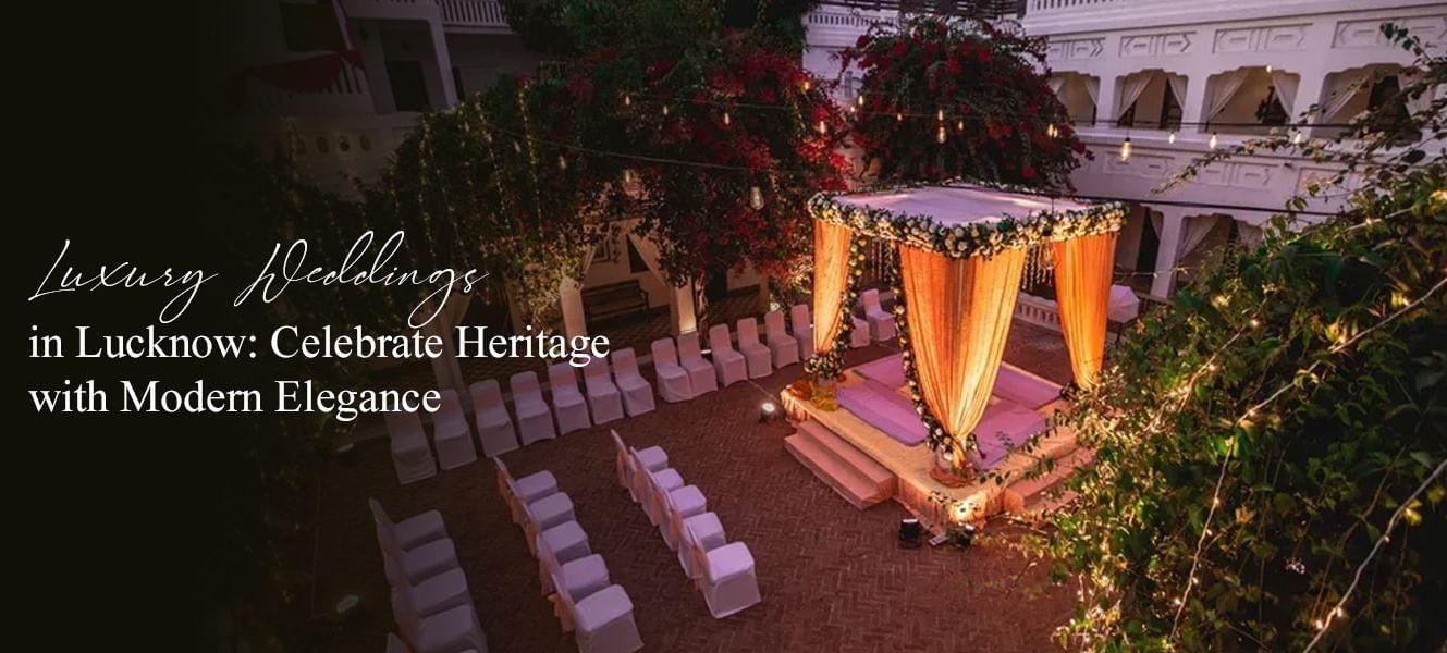 Luxury weddings in Lucknow blending heritage with modern elegance, featuring an outdoor, decorated mandap and white seating.