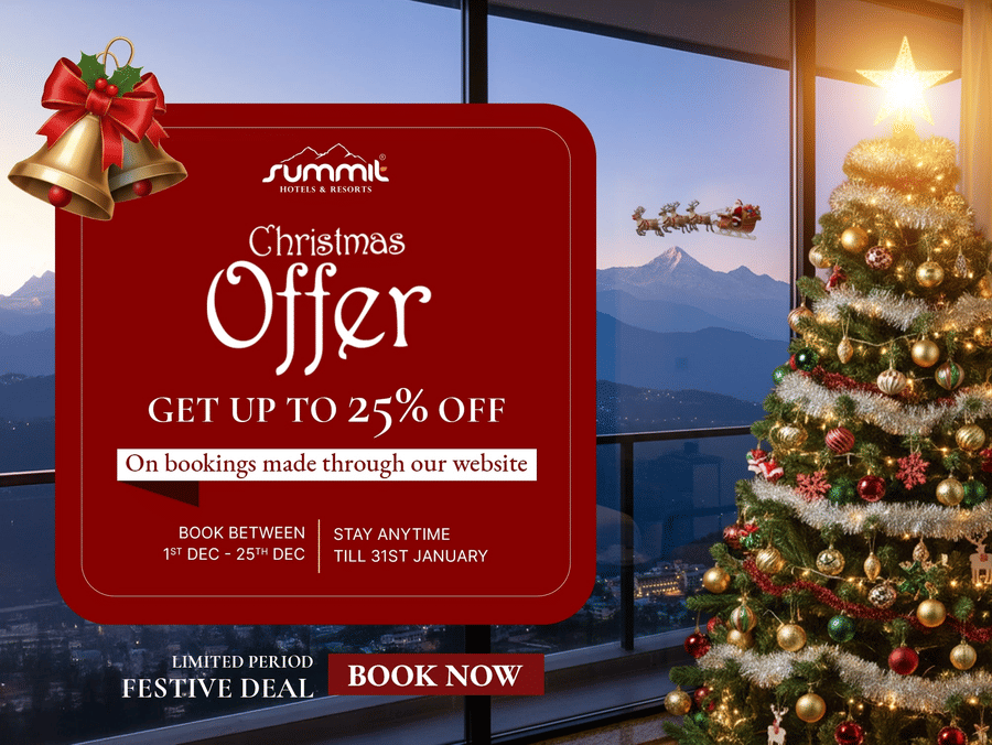 Christmas Offer at Summit Hotels and Resorts offering up to 25% discount on direct website booking. Book between 1st to 25th December 2025, and stay till 31st January 2026.