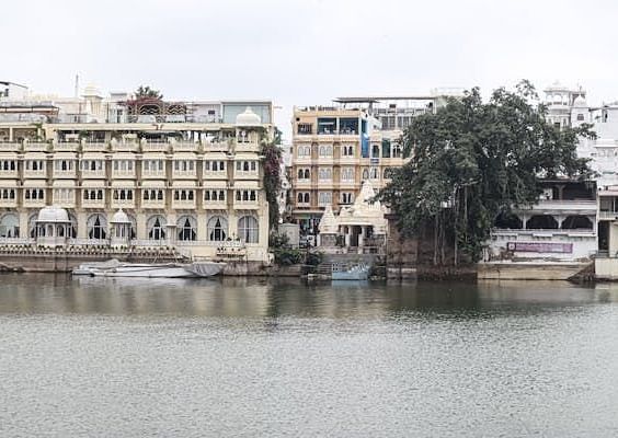 A body of water reflects buildings on its shore, with a cluster of trees in the centre.