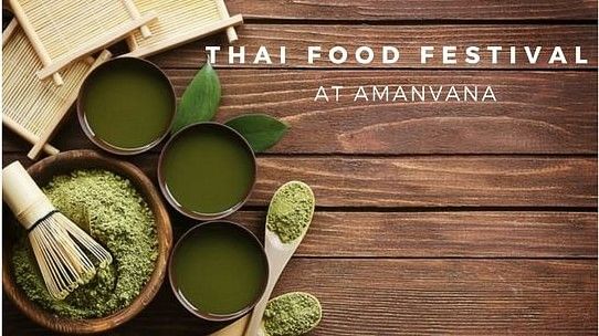 Promotional image for a Thai Food Festival with bowls of green spices and sauces.