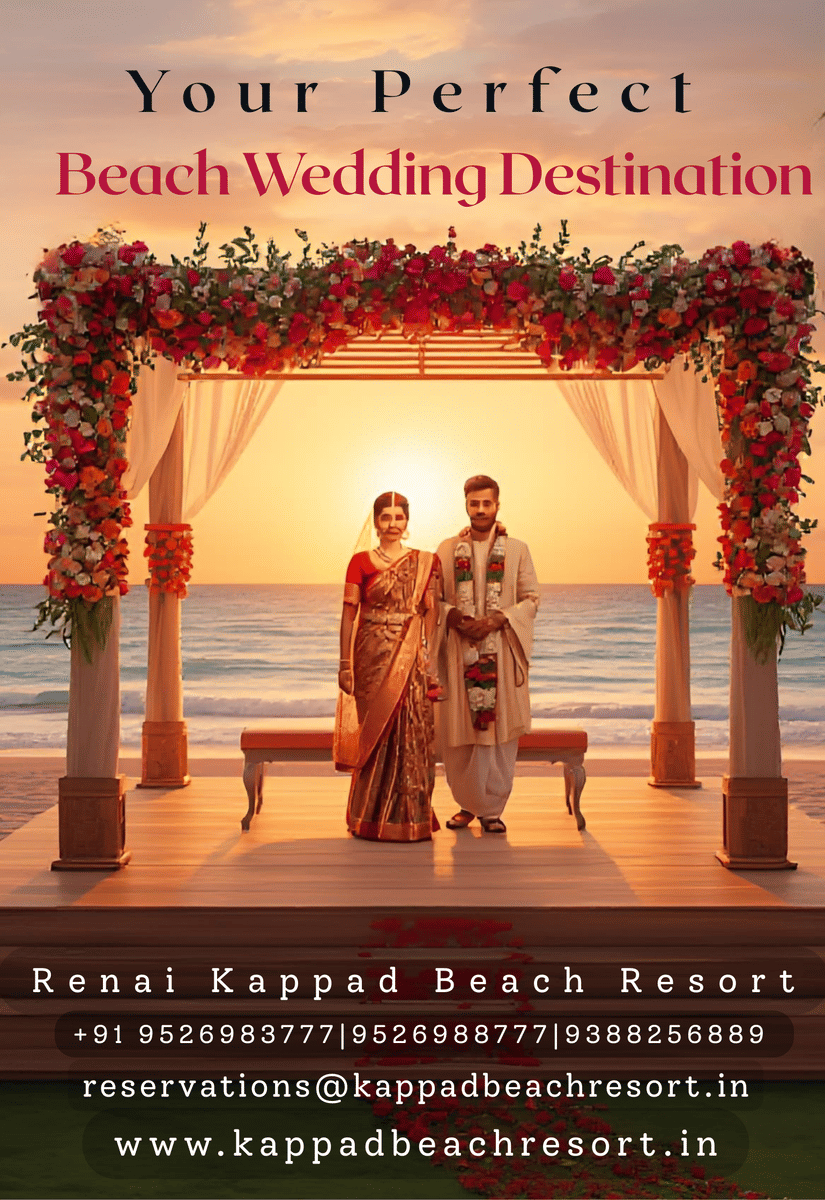 couple stands under a wedding arch on a beach at sunset, advertising a beach wedding destination