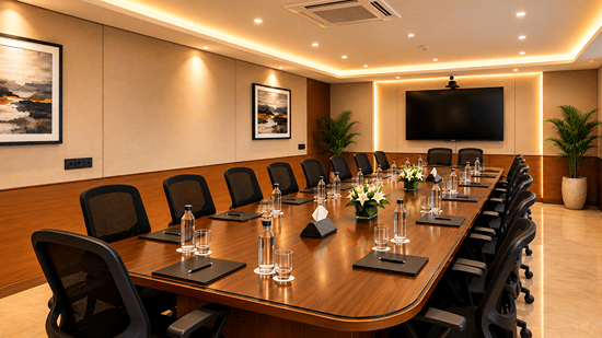 Conference room set up with long boardroom table, executive chairs, and presentation screen at Bhavani's Vista By Icon, Hosur.   