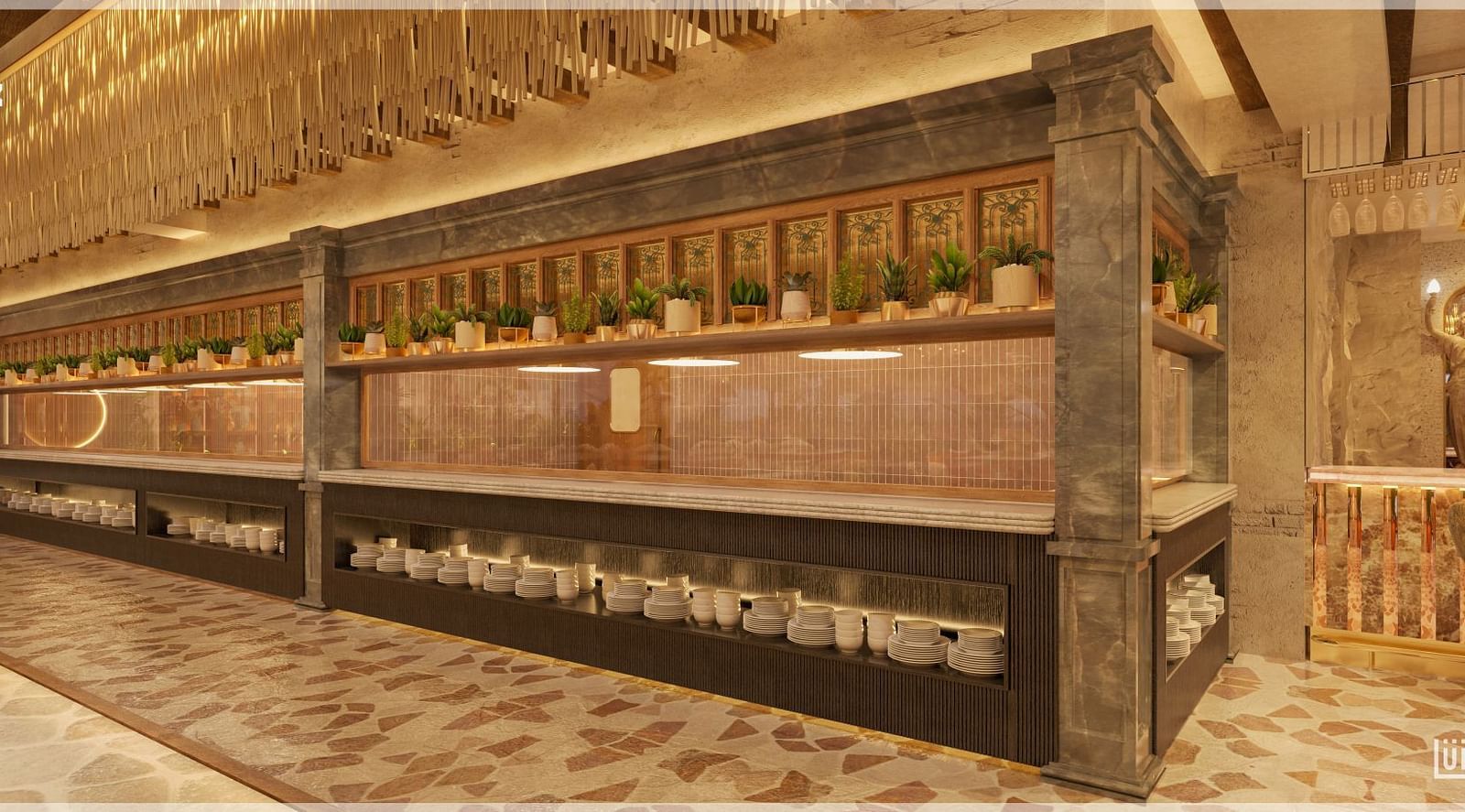 An upscale restaurant with detailed golden decor and an extensive wine rack on the wall at Themis Barbecue House, Ambience Mall, Gurugram