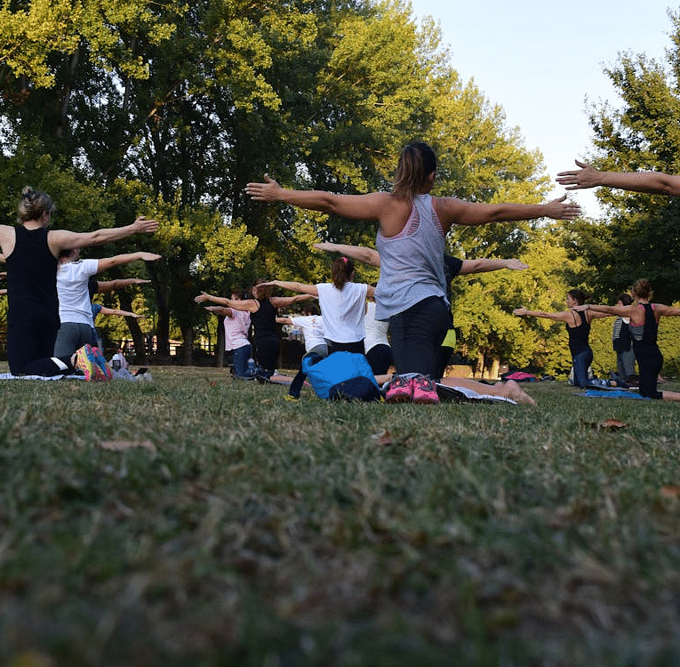 image of a group of people doing yoga in open air surrounded with lush greenery