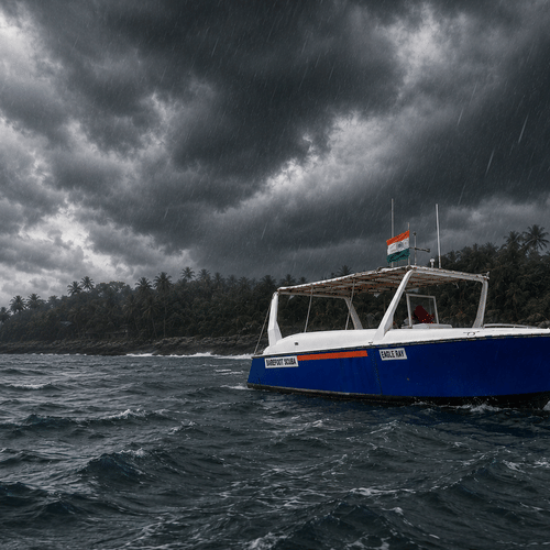 A blue dive boat navigating rough seas under dark, cloudy skies.