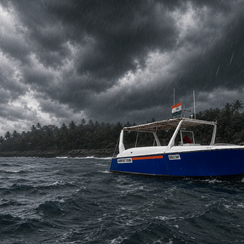 A blue dive boat navigating rough seas under dark, cloudy skies.