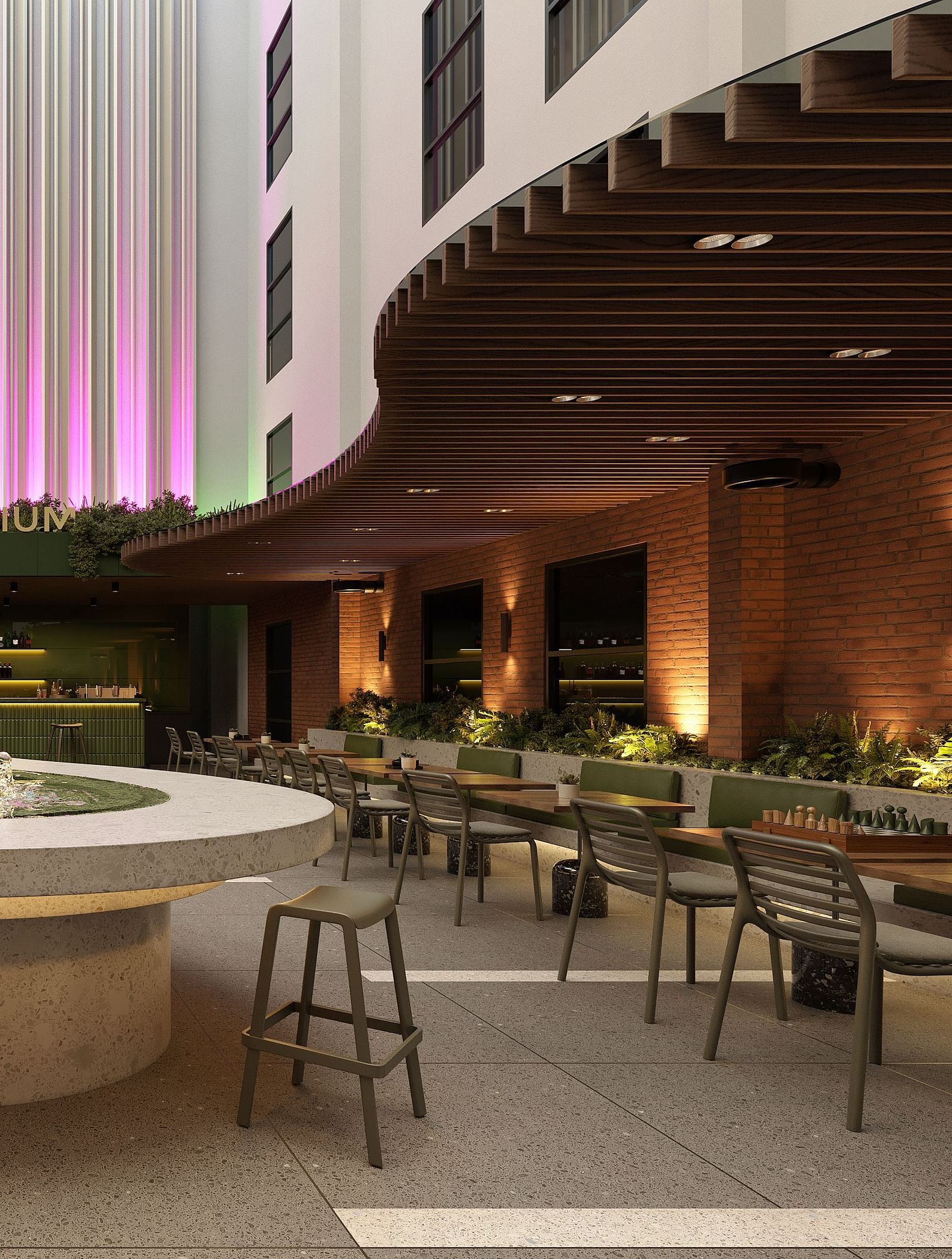 Comfortable dining seating at the Atrium at The Pelican Hotel, Accra.