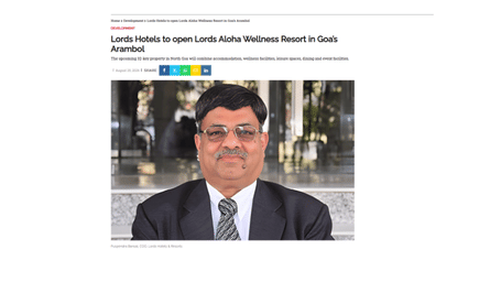 Article snippet announcing Lords Hotels opening Lords Aloha Wellness Resort in Arambol, Goa, accompanied by a portrait of Pushpendra Bansal, COO of Lords Hotels & Resorts.