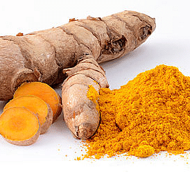 An image showcasing a raw piece of turmeric alongside a pile of turmeric powder placed next to it.