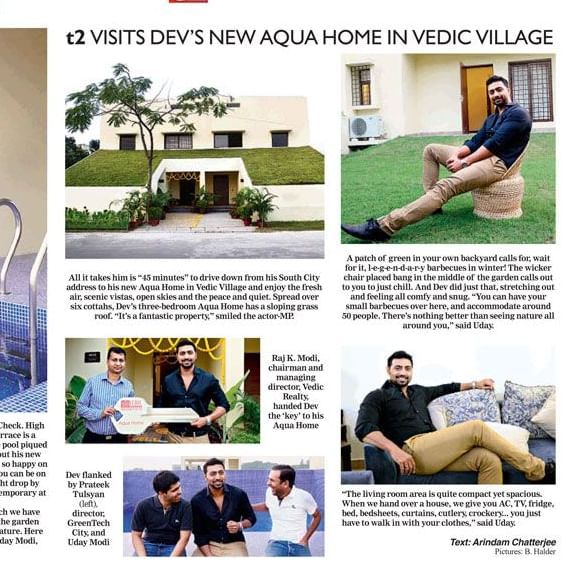 A newspaper page titled Tollywood featuring multiple photos of a celebrity visiting a new aqua home at Vedic Village, with accompanying text.