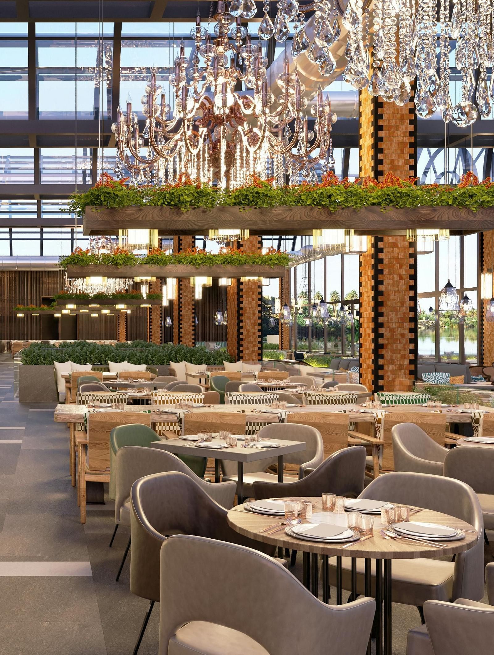 Large, modern restaurant with a bar, dining tables, and decorative chandeliers, featuring a mix of seating styles.