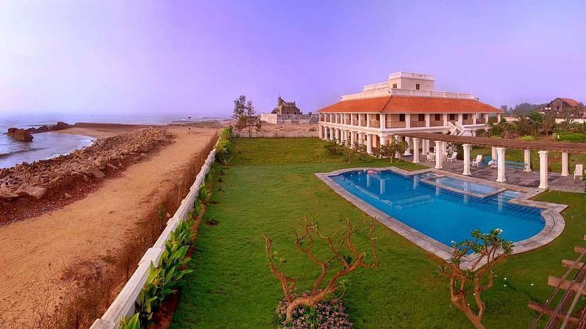 Facade image with the garden and swimming pool in full view next to the sea - Neemrana's The Bungalow on the Beach, Tranquebar