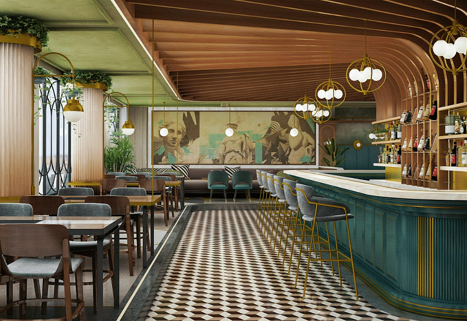 An image of wooden furnished interiors featuring dining tables and chairs and a bar on one side at Themis Barbeque House in Panipat