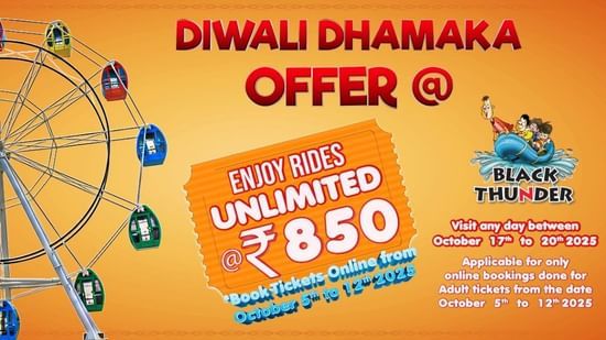Diwali Dhamaka Offer at Black Thunder. The creative features a giant wheel and other rides under 850 rupees. Visit any day between 17th to 20th October 2025. 