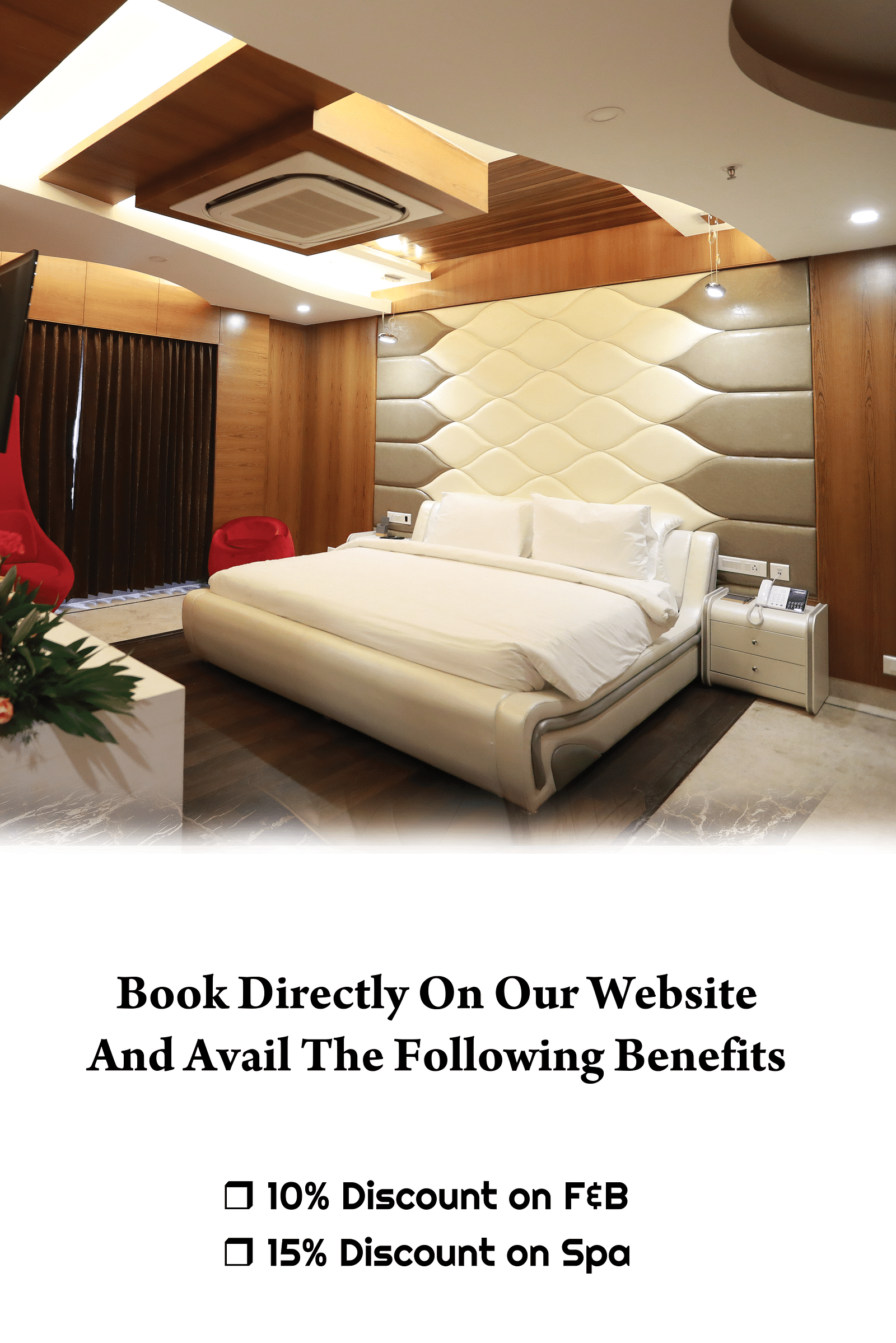 Creative image showcasing a room with a cozy king-sized bed, highlighting the special room discount offer
